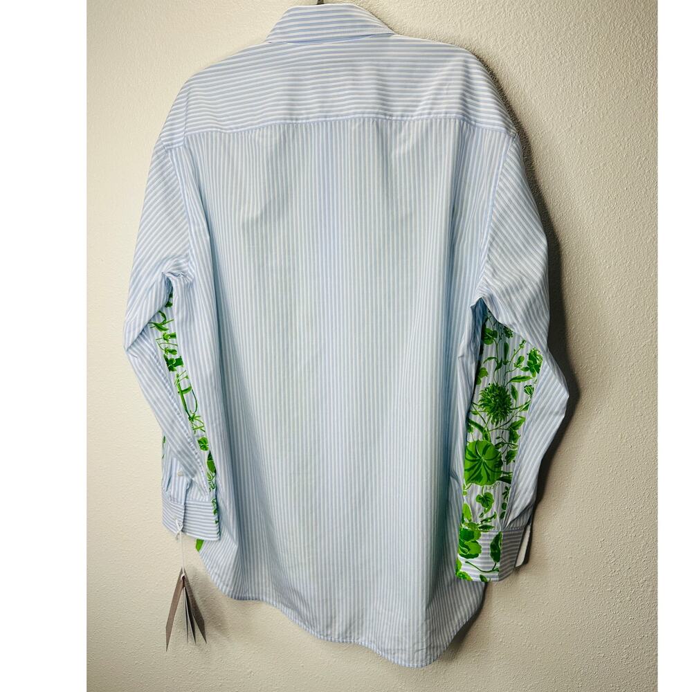 NWT Gucci Blue Green Stripe Floral Print Long Sleeve Button Collar Shirt 44 / L - Picture 14 of 16